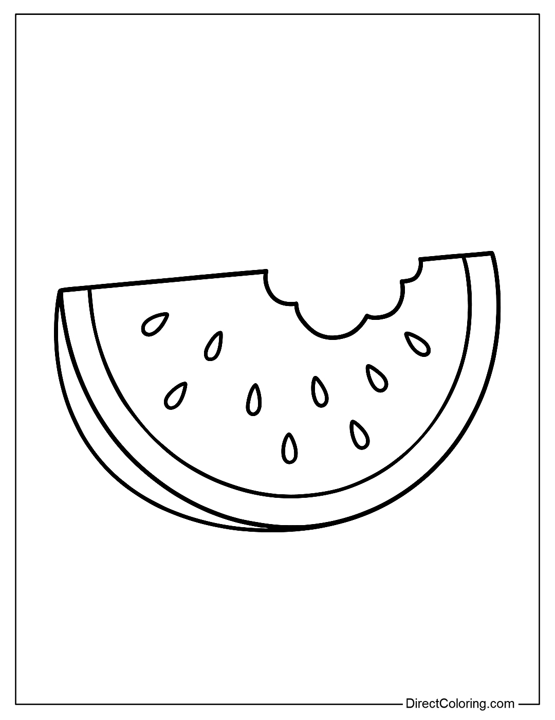 A slice of watermelon coloring page with a clear bite mark and jagged edges